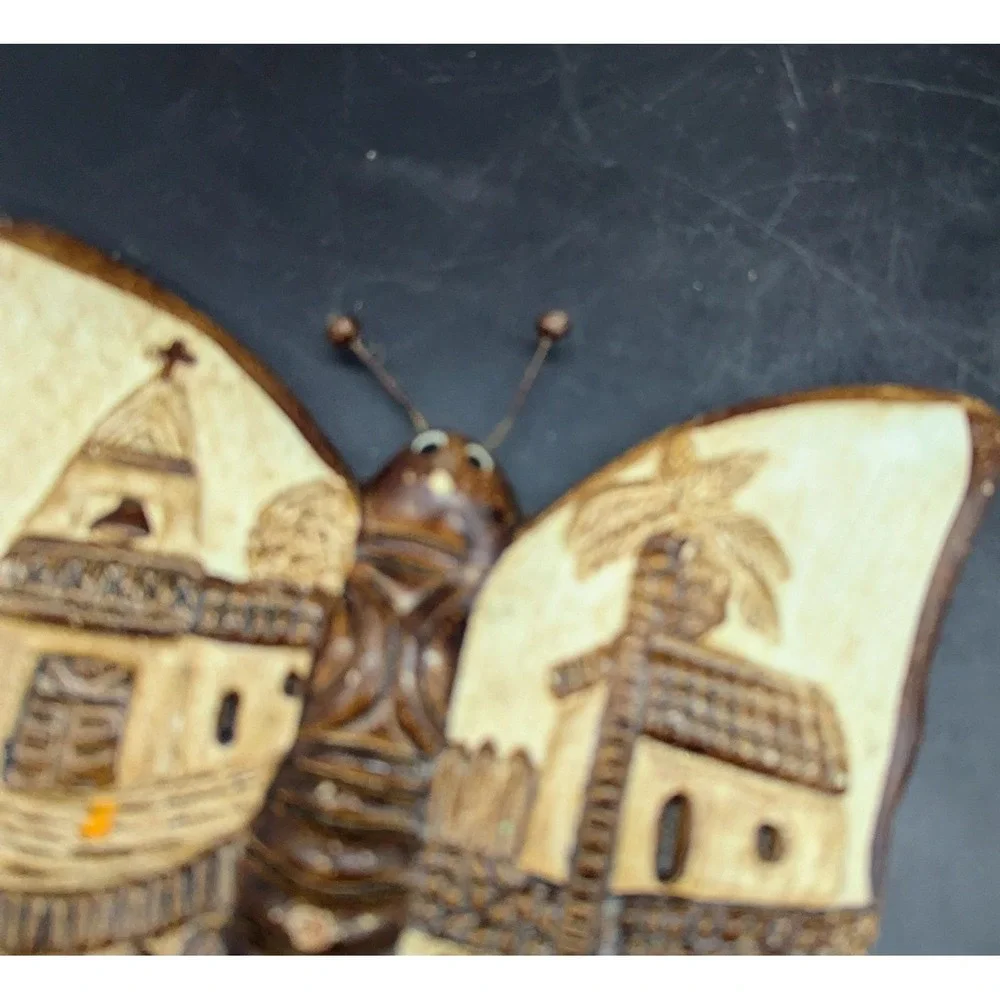 Set/2 Vintage Art Pottery Wall Hanging Butterfly Brown Buildings 7.5